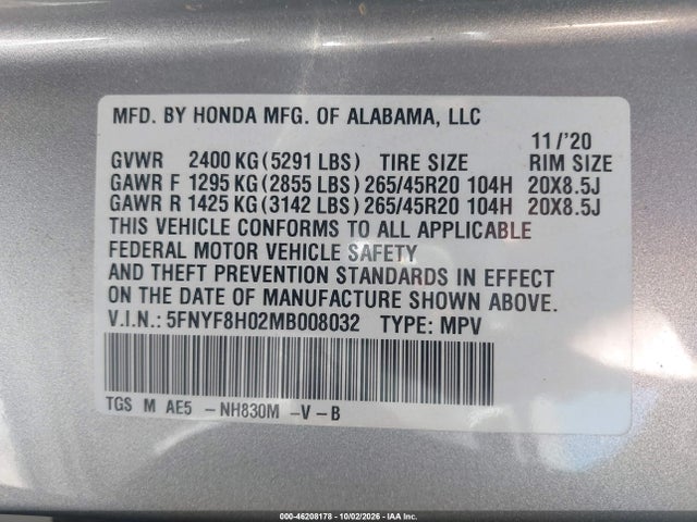Honda Passport Awd Elite 2021 5FNYF8H02MB008032 Image 9