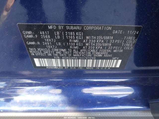 46208204 :رقم المزاد ، 4S4GUHN61S3701299 vin ، 2025 Subaru Crosstrek Limited مزاد بيع