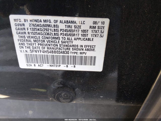 2011 Honda Pilot Ex-l მანქანა იყიდება აუქციონზე, vin: 5FNYF4H54BB034830, აუქციონის ნომერი: 46208229