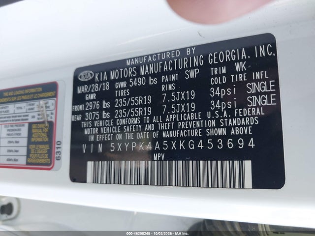 46208245 :رقم المزاد ، 5XYPK4A5XKG453694 vin ، 2019 Kia Sorento 3.3l Sx مزاد بيع
