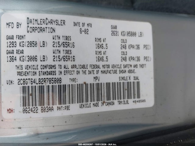 Aukcja sprzedaży 2002 Chrysler Town & Country Limited, vin: 2C8GT64L82R785808, numer aukcji: 46208267