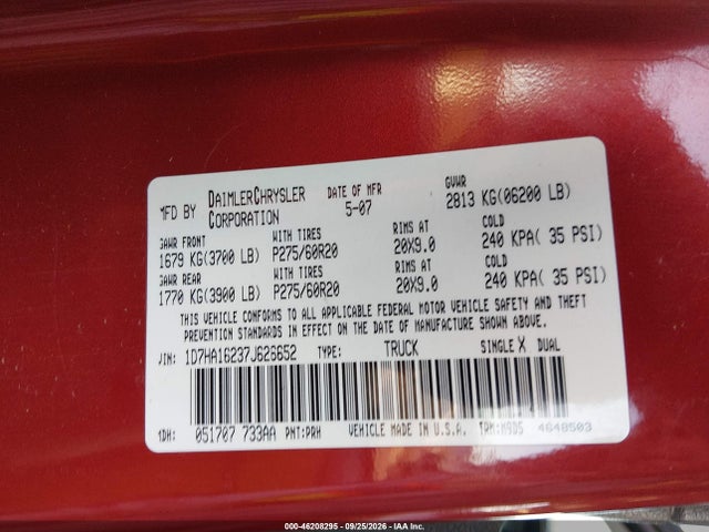 Продажа на аукционе авто 2007 Dodge Ram 1500 Slt, vin: 1D7HA16237J626652, номер лота: 46208295
