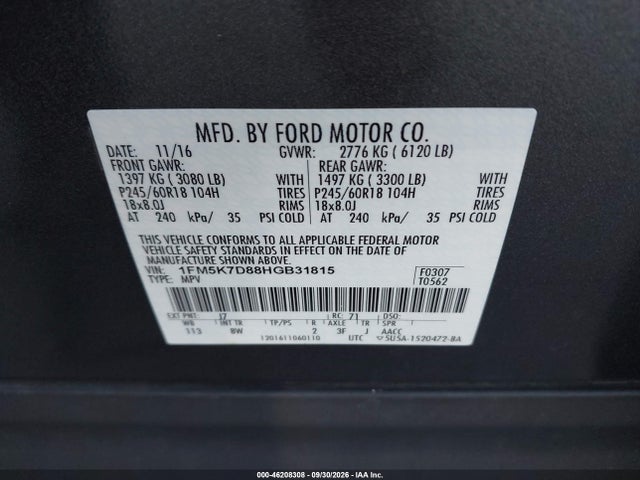1FM5K7D88HGB31815 Ford EXPLORER XLT