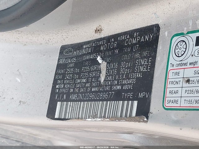 2006 Hyundai Tucson Gls/limited მანქანა იყიდება აუქციონზე, vin: KM8JN12D96U289677, აუქციონის ნომერი: 46208317