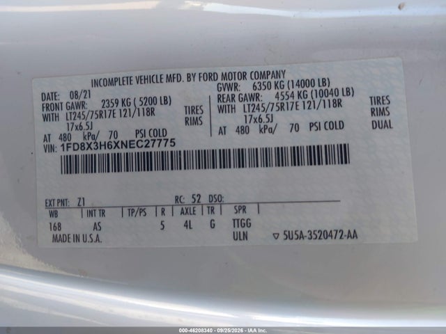 Продажа на аукционе авто 2022 Ford F-350 Chasis Xl, vin: 1FD8X3H6XNEC27775, номер лота: 46208340
