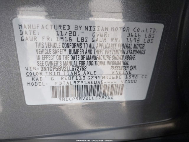 46208342 :رقم المزاد ، 3N1CP5BV2LL572762 vin ، 2020 Nissan Kicks S Xtronic Cvt مزاد بيع