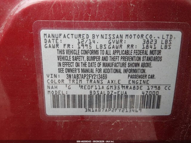 Aukcja sprzedaży 2015 Nissan Sentra Sv, vin: 3N1AB7AP2FY213469, numer aukcji: 46208343