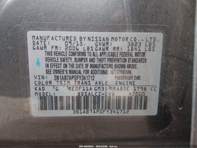 Aukcja sprzedaży 2015 Nissan Sentra S, vin: 3N1AB7AP0FY341712, numer aukcji: 46208351
