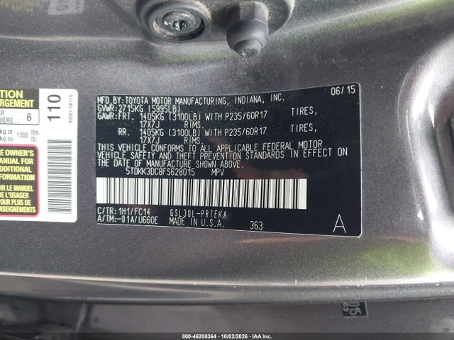 46208364 :رقم المزاد ، 5TDKK3DC8FS628015 vin ، 2015 Toyota Sienna Le مزاد بيع