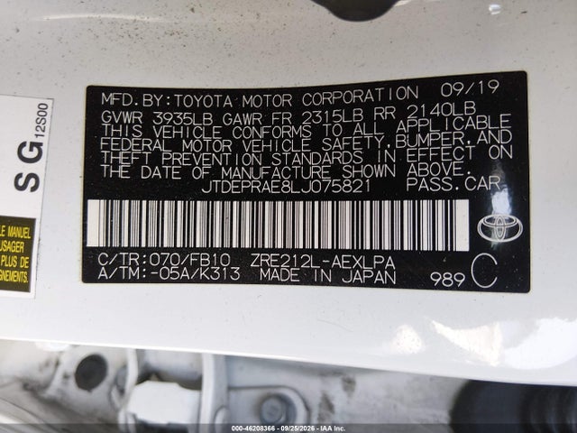 Aukcja sprzedaży 2020 Toyota Corolla Le, vin: JTDEPRAE8LJ075821, numer aukcji: 46208366