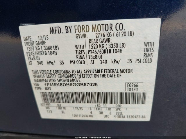 2016 Ford Explorer Xlt მანქანა იყიდება აუქციონზე, vin: 1FM5K8DH6GGB57026, აუქციონის ნომერი: 46208367