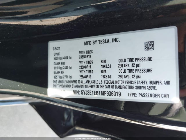Продаж на аукціоні авто 2021 Tesla Model 3 Long Range Dual Motor All-wheel Drive, vin: 5YJ3E1EB1MF936019, номер лоту: 46208376