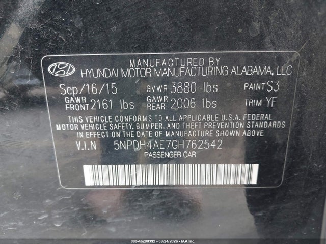 2016 Hyundai Elantra Se მანქანა იყიდება აუქციონზე, vin: 5NPDH4AE7GH762542, აუქციონის ნომერი: 46208392