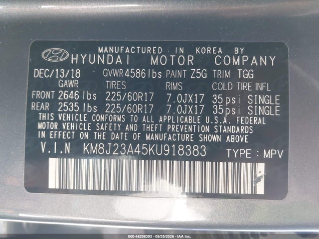 2019 Hyundai Tucson Se მანქანა იყიდება აუქციონზე, vin: KM8J23A45KU918383, აუქციონის ნომერი: 46208393