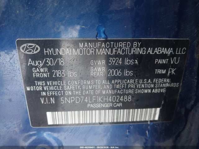 Aukcja sprzedaży 2019 Hyundai Elantra Se, vin: 5NPD74LF1KH402488, numer aukcji: 46208401
