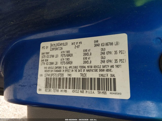 46208404 :رقم المزاد ، 1D7HA18P57S187599 vin ، 2007 Dodge Ram 1500 Slt مزاد بيع