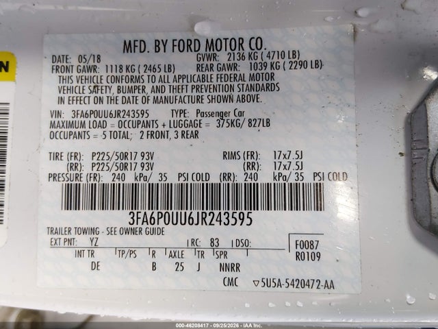 46208417 :رقم المزاد ، 3FA6P0UU6JR243595 vin ، 2018 Ford Fusion Hybrid S مزاد بيع