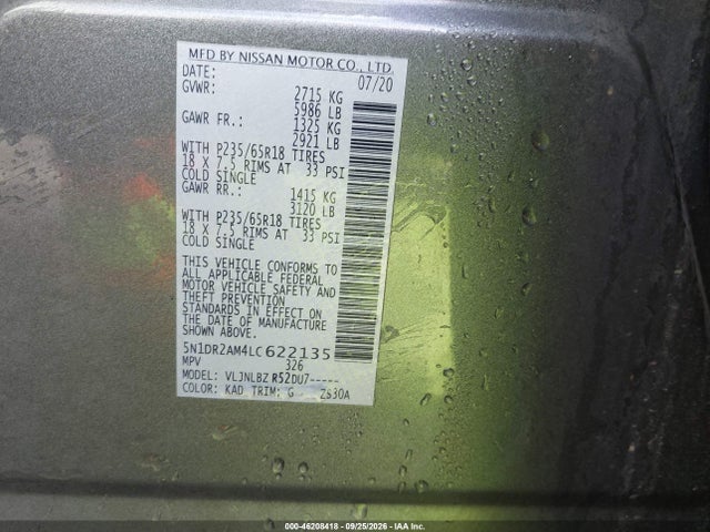 Auction sale of the 2020 Nissan Pathfinder S 4wd, vin: 5N1DR2AM4LC622135, lot number: 46208418