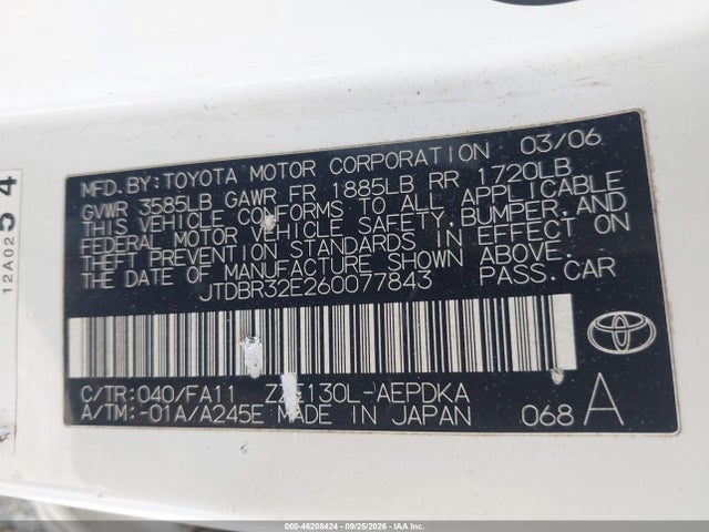 Aukcja sprzedaży 2006 Toyota Corolla Ce, vin: JTDBR32E260077843, numer aukcji: 46208424