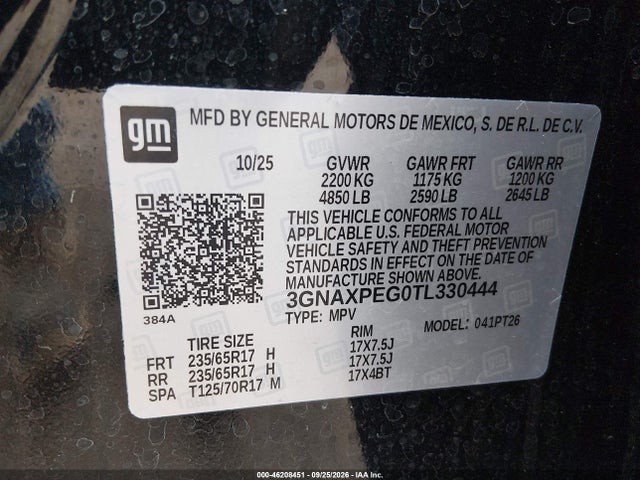 Продажа на аукционе авто 2026 Chevrolet Equinox Awd Lt, vin: 3GNAXPEG0TL330444, номер лота: 46208451