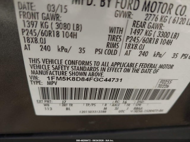 Auction sale of the 2015 Ford Explorer Xlt, vin: 1FM5K8D84FGC44731, lot number: 46208472