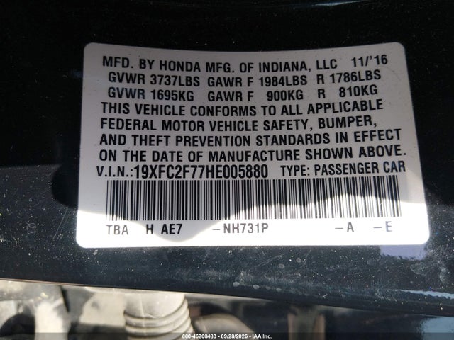 2017 Honda Civic Ex მანქანა იყიდება აუქციონზე, vin: 19XFC2F77HE005880, აუქციონის ნომერი: 46208483