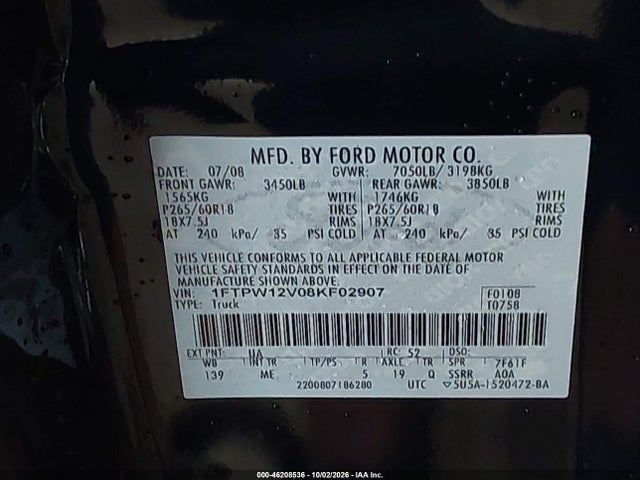 2008 Ford F-150 Xlt მანქანა იყიდება აუქციონზე, vin: 1FTPW12V08KF02907, აუქციონის ნომერი: 46208536