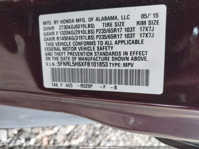 2015 Honda Odyssey Ex-l მანქანა იყიდება აუქციონზე, vin: 5FNRL5H6XFB101853, აუქციონის ნომერი: 46208574