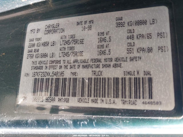 46208585 :رقم المزاد ، 1B7KF23ZXXJ548105 vin ، 1999 Dodge Ram 2500 St مزاد بيع