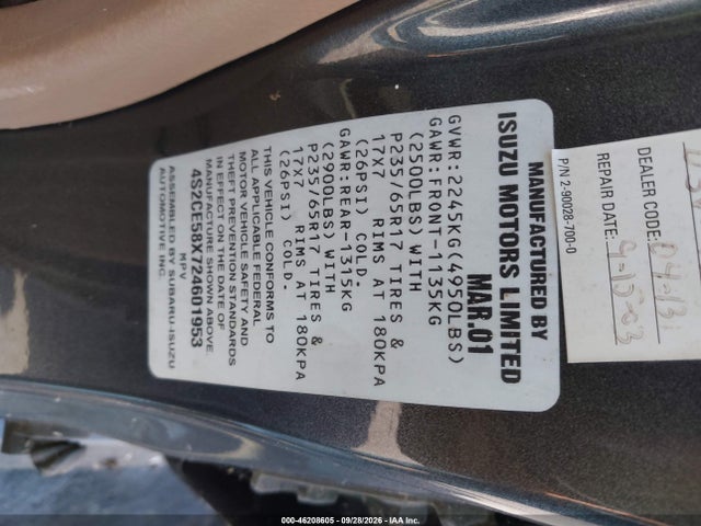 46208605 :رقم المزاد ، 4S2CE58X724601953 vin ، 2002 Isuzu Axiom Xs مزاد بيع