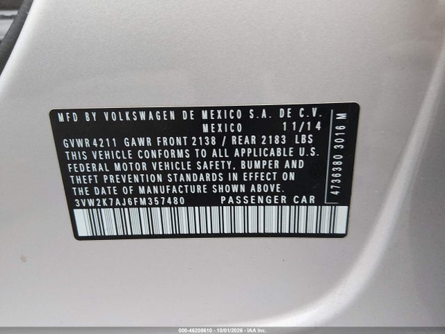 Продаж на аукціоні авто 2015 Volkswagen Jetta 2.0l S, vin: 3VW2K7AJ6FM357480, номер лоту: 46208610