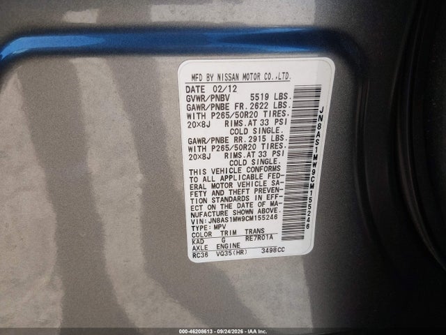 Продажа на аукционе авто 2012 Infiniti Fx35, vin: JN8AS1MW9CM155246, номер лота: 46208613