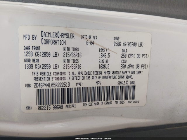 46208620 :رقم المزاد ، 2D4GP44L05R222513 vin ، 2005 Dodge Grand Caravan Sxt مزاد بيع