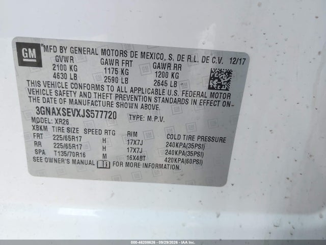 46208626 :رقم المزاد ، 3GNAXSEVXJS577720 vin ، 2018 Chevrolet Equinox Lt مزاد بيع