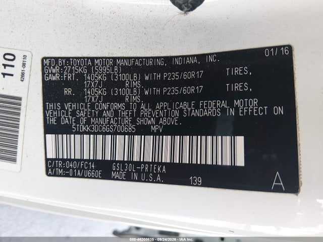 2016 Toyota Sienna Le მანქანა იყიდება აუქციონზე, vin: 5TDKK3DC6GS700685, აუქციონის ნომერი: 46208635