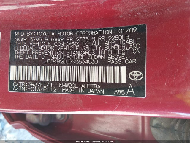 46208651 :رقم المزاد ، JTDKB20U793534030 vin ، 2009 Toyota Prius مزاد بيع