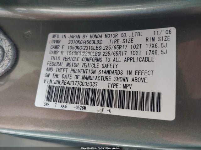 Aukcja sprzedaży 2007 Honda Cr-v Lx, vin: JHLRE48377C035337, numer aukcji: 46208653