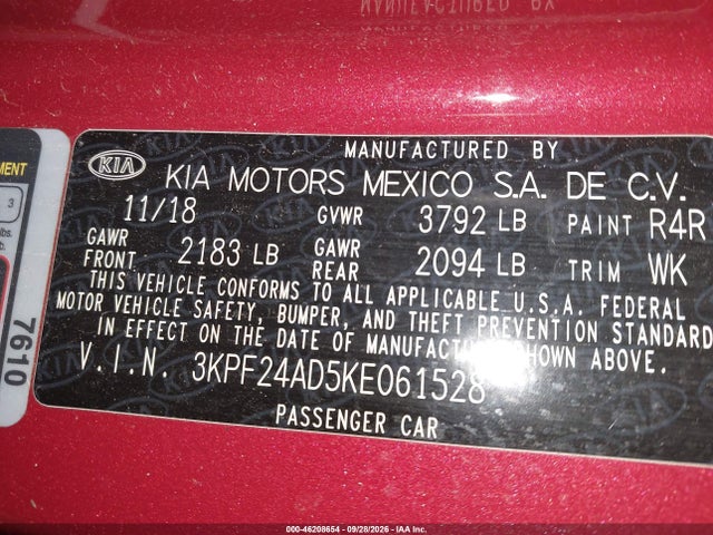 Продаж на аукціоні авто 2019 Kia Forte Lxs, vin: 3KPF24AD5KE061528, номер лоту: 46208654