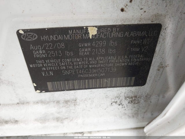 46208655 :رقم المزاد ، 5NPET46C39H507139 vin ، 2009 Hyundai Sonata Gls مزاد بيع