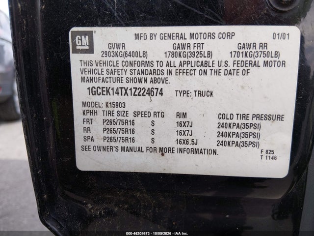 Продажа на аукционе авто 2001 Chevrolet Silverado 1500 Ls, vin: 1GCEK14TX1Z224674, номер лота: 46208673