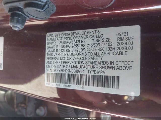 2021 Honda Pilot Awd Touring 8 Passenger მანქანა იყიდება აუქციონზე, vin: 5FNYF6H99MB088934, აუქციონის ნომერი: 46208687