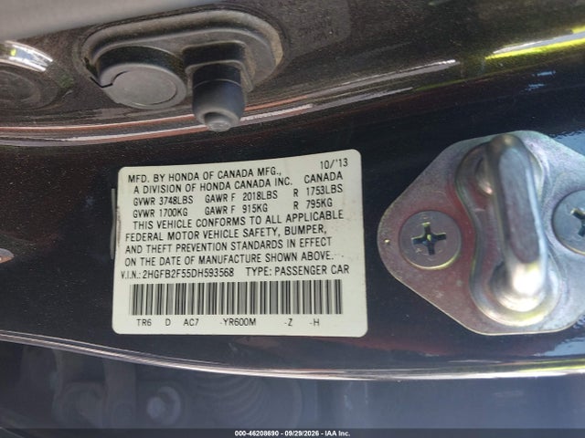 Aukcja sprzedaży 2013 Honda Civic Sdn Lx, vin: 2HGFB2F55DH593568, numer aukcji: 46208690