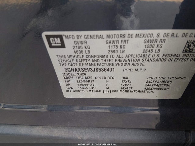 Продажа на аукционе авто 2018 Chevrolet Equinox Lt, vin: 3GNAXSEV3JS536491, номер лота: 46208715