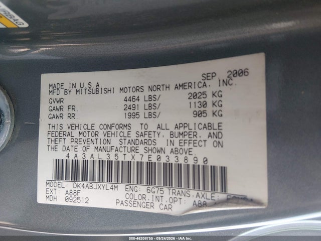 Продаж на аукціоні авто 2007 Mitsubishi Eclipse Spyder Gt, vin: 4A3AL35TX7E033890, номер лоту: 46208755