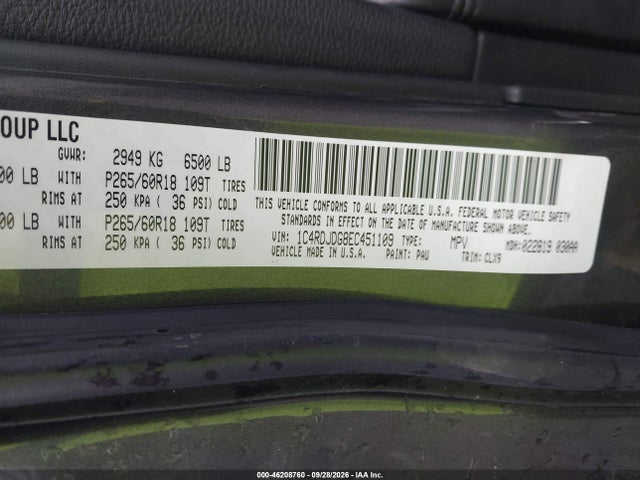 Aukcja sprzedaży 2014 Dodge Durango Limited, vin: 1C4RDJDG8EC451109, numer aukcji: 46208760
