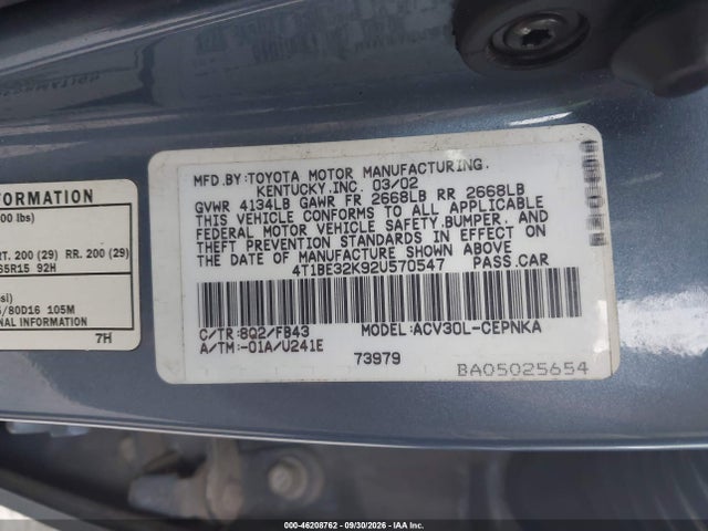Продажа на аукционе авто 2002 Toyota Camry Le, vin: 4T1BE32K92U570547, номер лота: 46208762