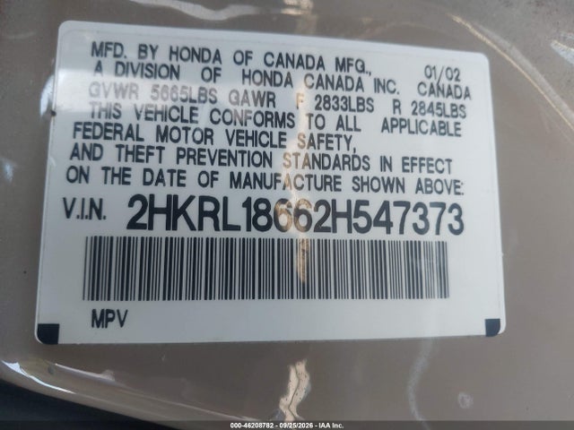 2002 Honda Odyssey Ex მანქანა იყიდება აუქციონზე, vin: 2HKRL18662H547373, აუქციონის ნომერი: 46208782