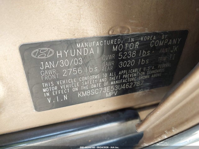 46208788 :رقم المزاد ، KM8SC73E53U462787 vin ، 2003 Hyundai Santa Fe Gls/lx مزاد بيع
