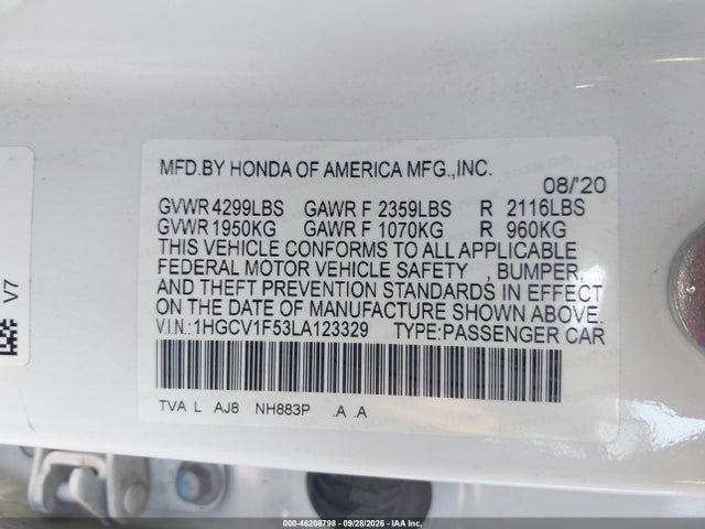 2020 Honda Accord Ex-l მანქანა იყიდება აუქციონზე, vin: 1HGCV1F53LA123329, აუქციონის ნომერი: 46208798