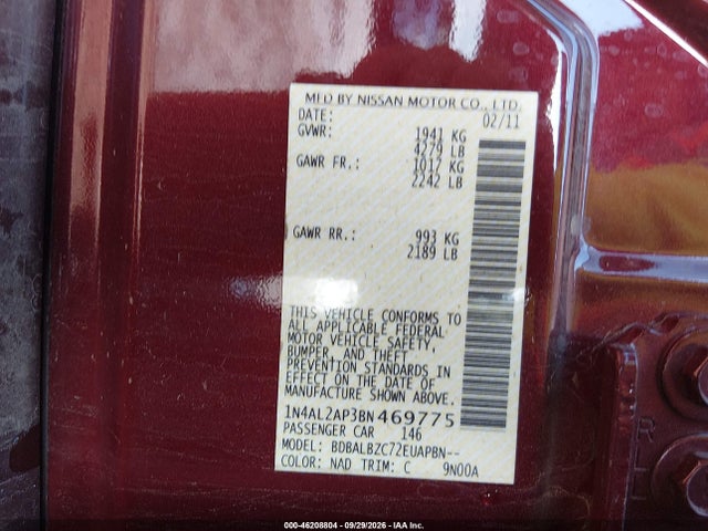 46208804 :رقم المزاد ، 1N4AL2AP3BN469775 vin ، 2011 Nissan Altima 2.5 S مزاد بيع